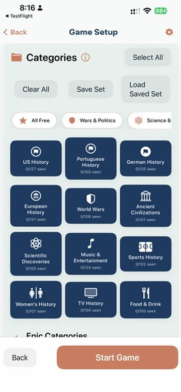 Sorting History category selection screen showing 12 history categories like US History, World Wars, and Ancient Civilizations