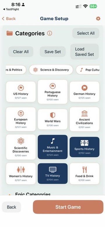 Category selection screen with Music & Entertainment, Sports History, and TV History selected