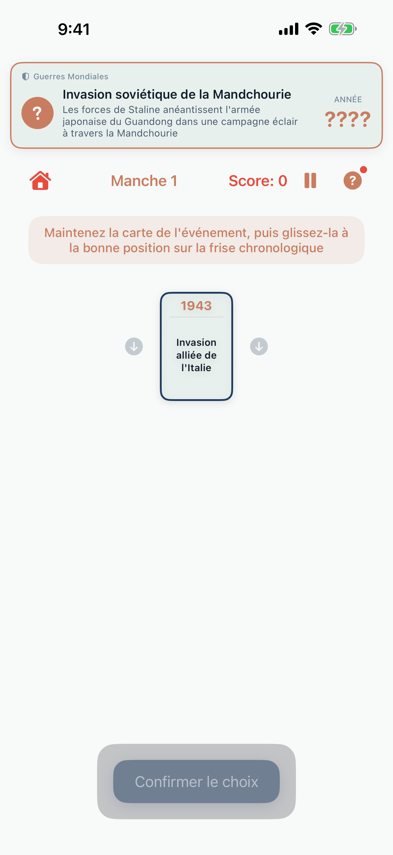 Gameplay de Sorting History -- événement correctement placé sur la frise chronologique qui s'agrandit