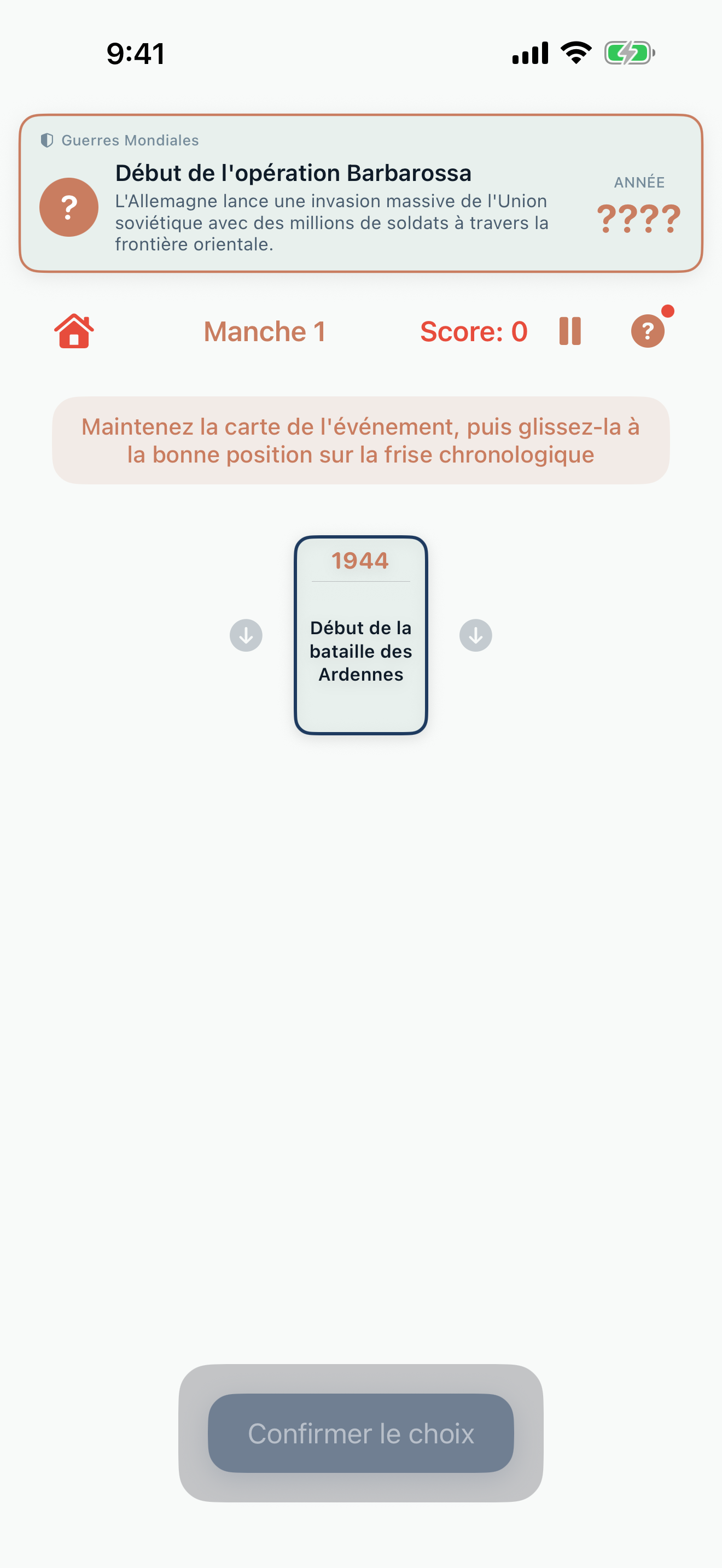 Gameplay de Sorting History -- lire la carte événement et décider où la placer sur la frise chronologique