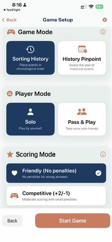 Game setup screen showing Sorting History and History Pinpoint mode selection