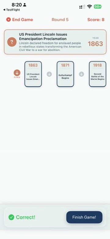 Sorting History end of game — Round 5 complete with Finish Game button and events placed on the timeline