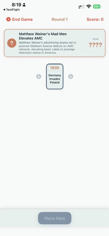 Sorting History gameplay — placing an event on the timeline