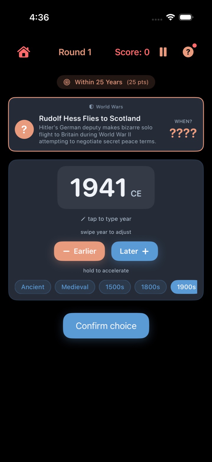 History Pinpoint gameplay — year selector showing 1941 with the event 'Rudolf Hess Flies to Scotland' from the World Wars category, Earlier and Later buttons, era jump chips for Ancient, Medieval, 1500s, 1800s, 1900s, and a Confirm choice button