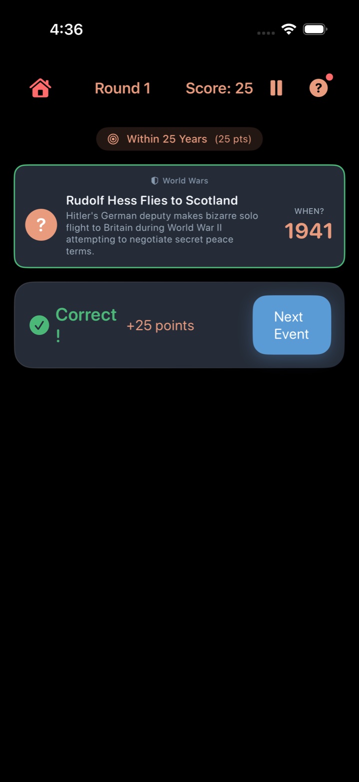 History Pinpoint result screen — green Correct indicator with plus 25 points awarded for guessing within 25 years of the actual answer, 1941