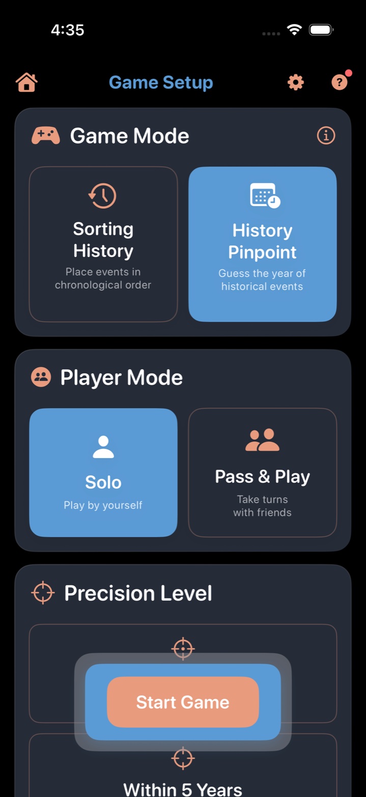 Game Setup screen with History Pinpoint highlighted (blue) in the Game Mode picker, Solo highlighted in Player Mode, and the Precision Level section visible below — the exact configuration that starts a History Pinpoint game