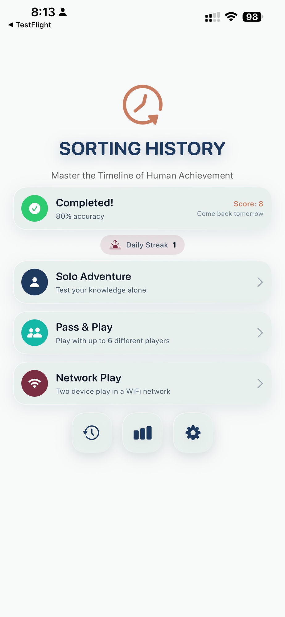 Sorting History main menu showing the Daily Challenge card with today's score, Daily Streak counter, and game mode options