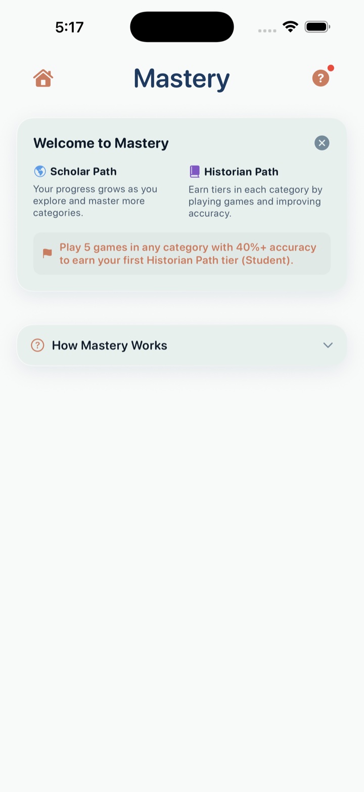 Sorting History Mastery dashboard showing the two progression paths — Scholar Path (broad breadth across all history categories) and Historian Path (per-category depth) — with the first Student tier explained for new players