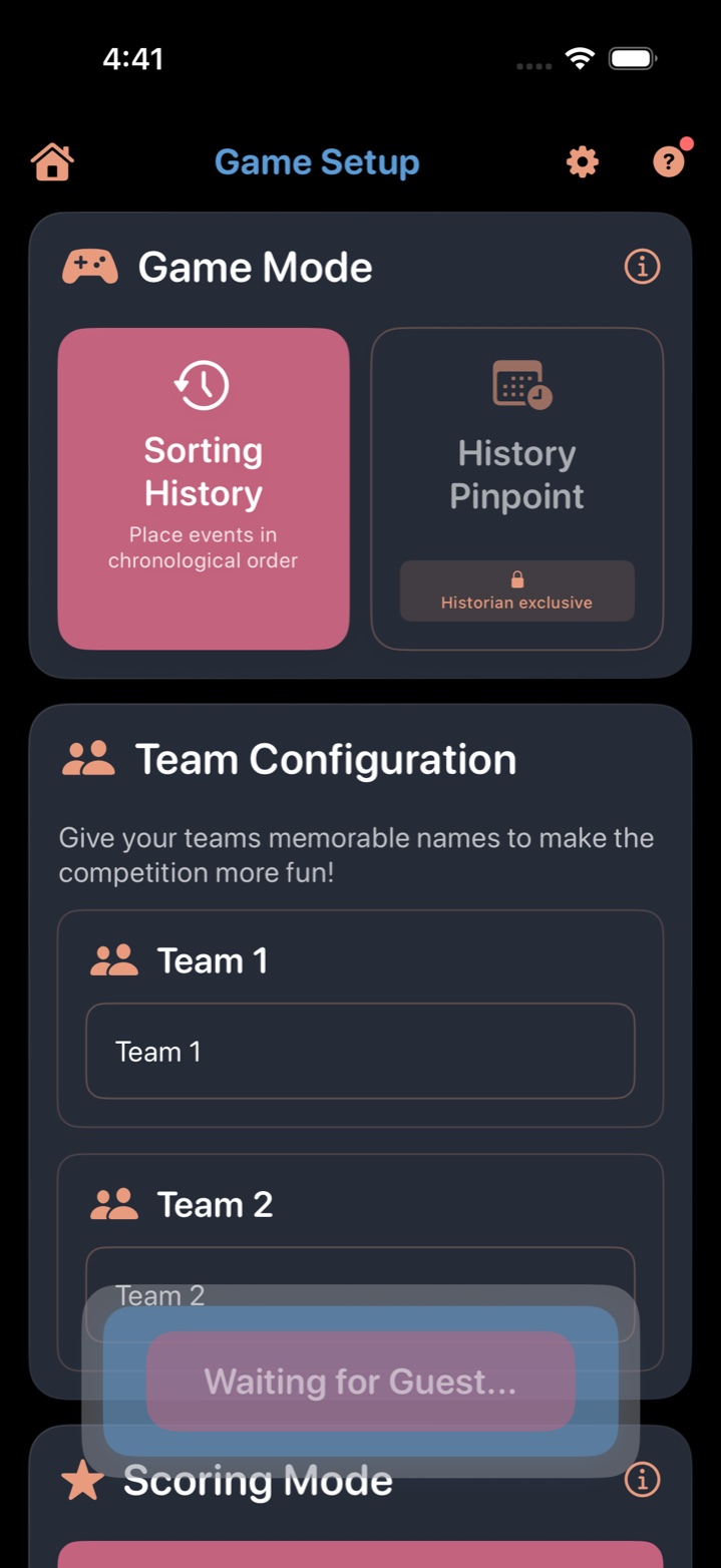 Network Play host setup screen — Game Setup view with Game Mode picker showing Sorting History selected, Team Configuration with Team 1 and Team 2 fields, and a 'Waiting for Guest...' status banner indicating the host is broadcasting and waiting for guests to join over WiFi