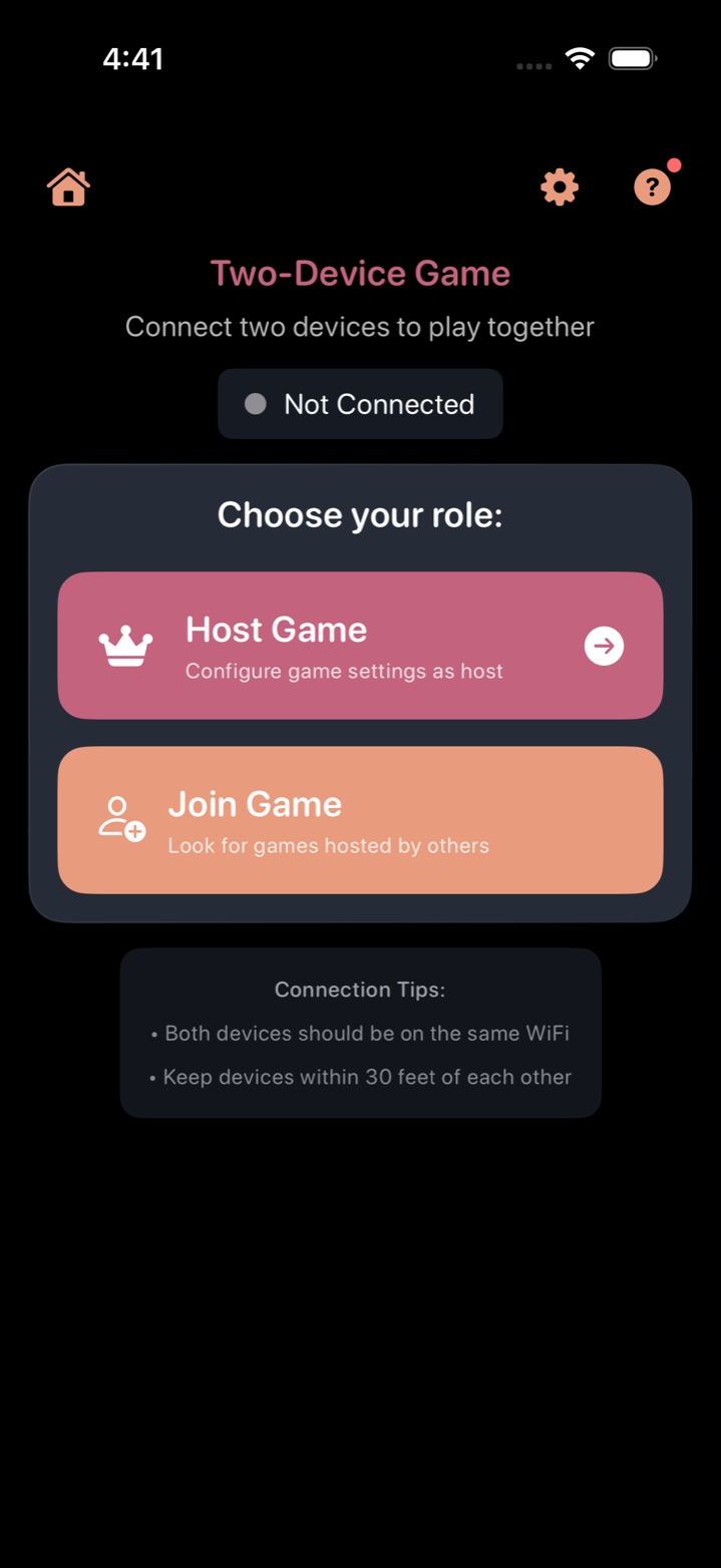 Network Play entry screen — Two-Device Game header, 'Not Connected' status, Choose your role section with Host Game and Join Game cards, and Connection Tips reminding players that both devices should be on the same WiFi and within 30 feet of each other