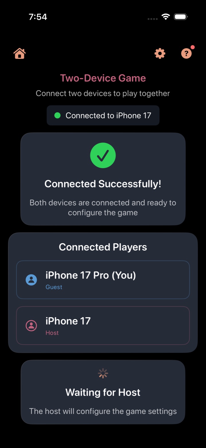 Network Play lobby on a guest device — 'Connected to iPhone 17' green status pill, 'Connected Successfully!' confirmation, and the Connected Players list showing both 'iPhone 17 Pro (You) — Guest' and 'iPhone 17 — Host', with a 'Waiting for Host' status while the host finishes the game setup