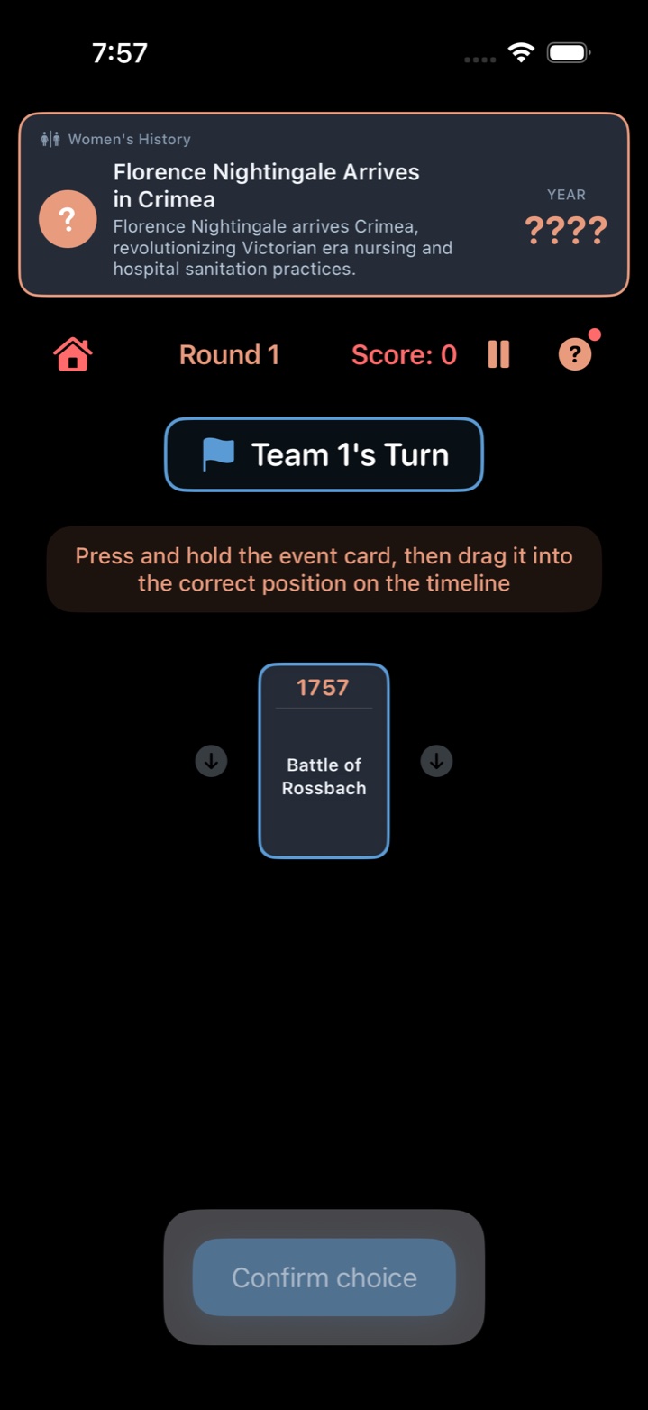Pass and Play gameplay screen in Sorting History mode — Team 1's Turn flag banner, an event card to place ('Florence Nightingale Arrives in Crimea' from Women's History), and a timeline anchor 'Battle of Rossbach 1757' with Place before / Place after arrows. Players drag the event card into position on the timeline.