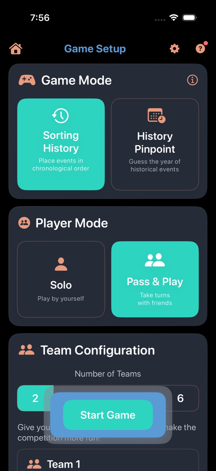 Game Setup screen with Sorting History highlighted in the Game Mode picker and Pass & Play highlighted in the Player Mode picker, with the Team Configuration section showing 2 teams below — the exact configuration that starts a Pass & Play game