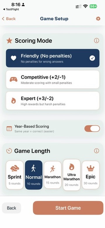Sorting History scoring mode selection — Friendly, Competitive, and Expert — with Year-Based Scoring toggle and game length options Sprint through Epic