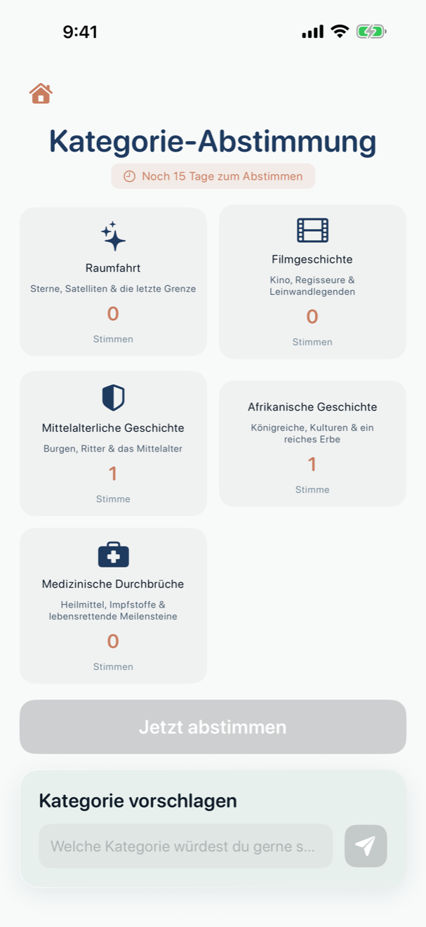 Kategorienauswahl-Raster mit Geschichts-Kategorien und Symbolen