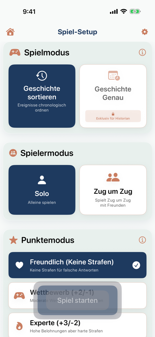 Spieleinstellungs-Bildschirm mit Spielmodus, Spielerzahl und Punktwertungs-Optionen