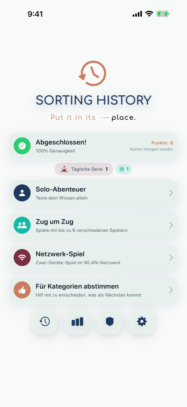 Sorting History Screenshot mit Hauptmenü und den Optionen Solo-Abenteuer, Zug um Zug und Netzwerk-Spiel