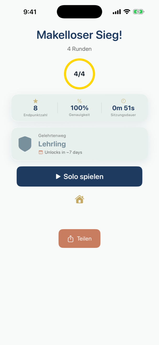 Ergebnis-Bildschirm mit Endpunktzahl, Anzahl richtiger und falscher Antworten und Trefferquote