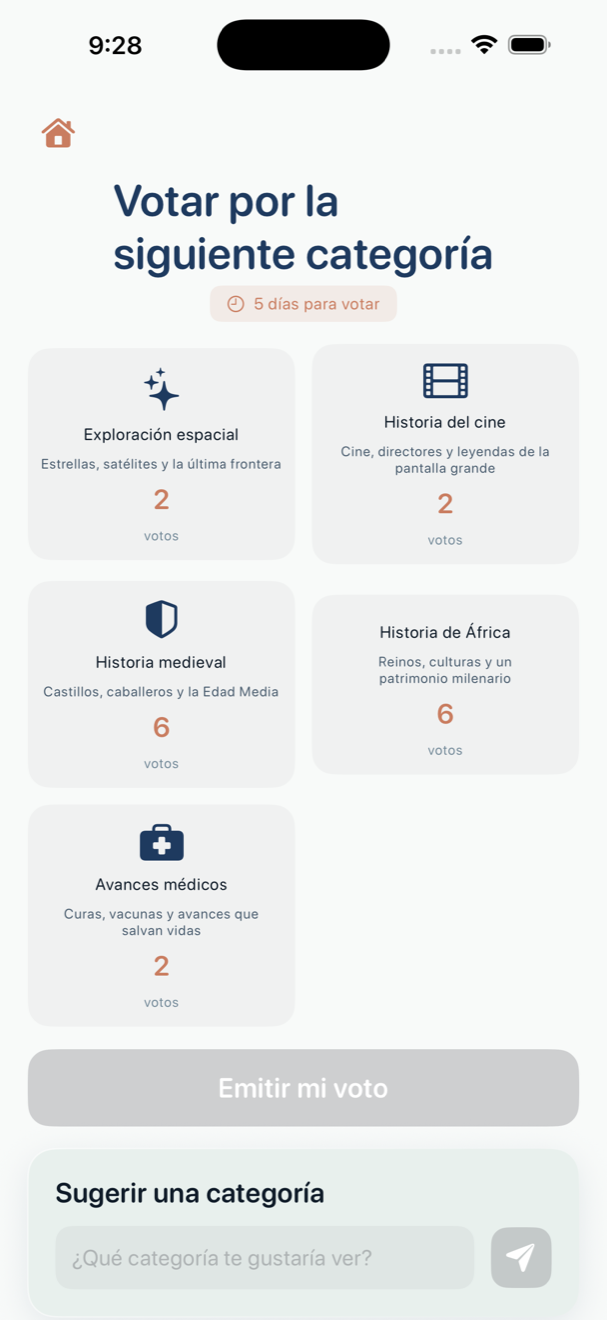 Cuadrícula de selección de categorías con íconos de categorías de historia