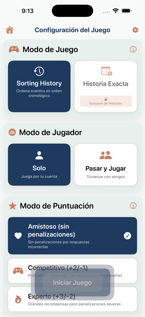 Pantalla de configuración de partida con opciones de modo de juego, modo de jugadores y puntuación