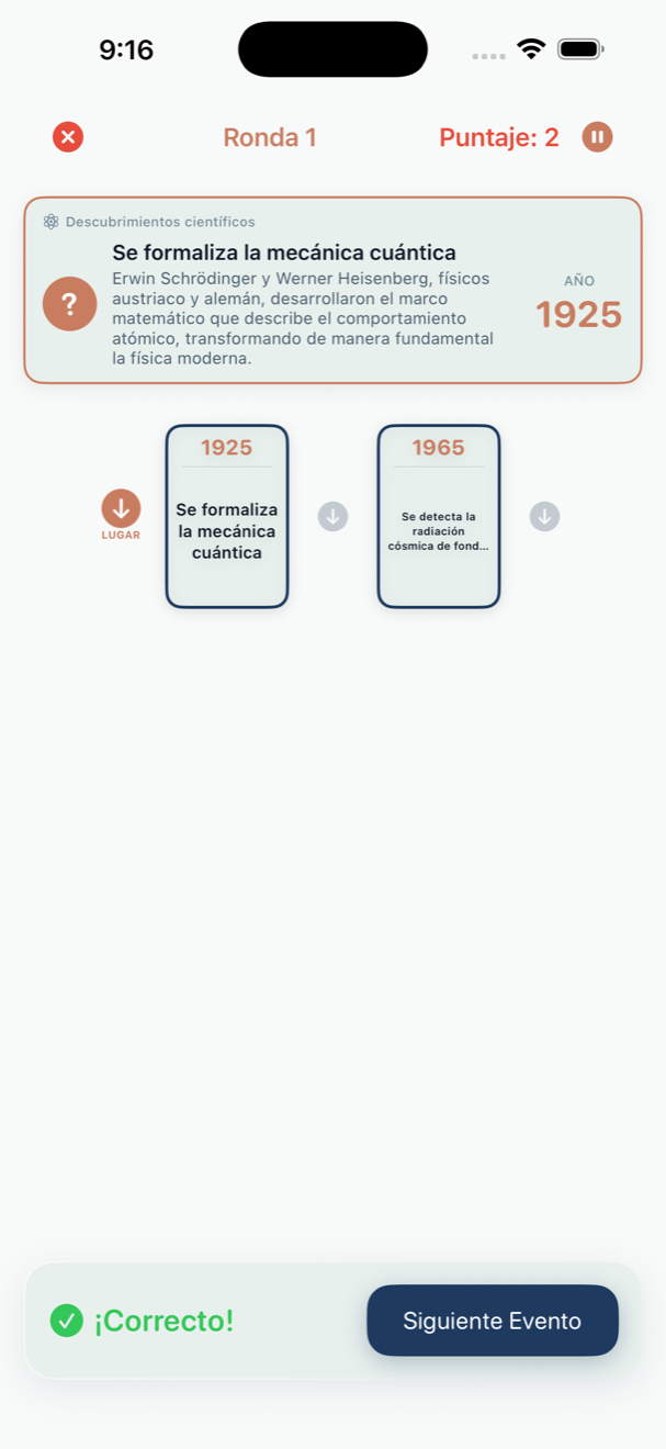 Partida en la línea de tiempo mostrando una tarjeta de evento histórico siendo colocada en su lugar