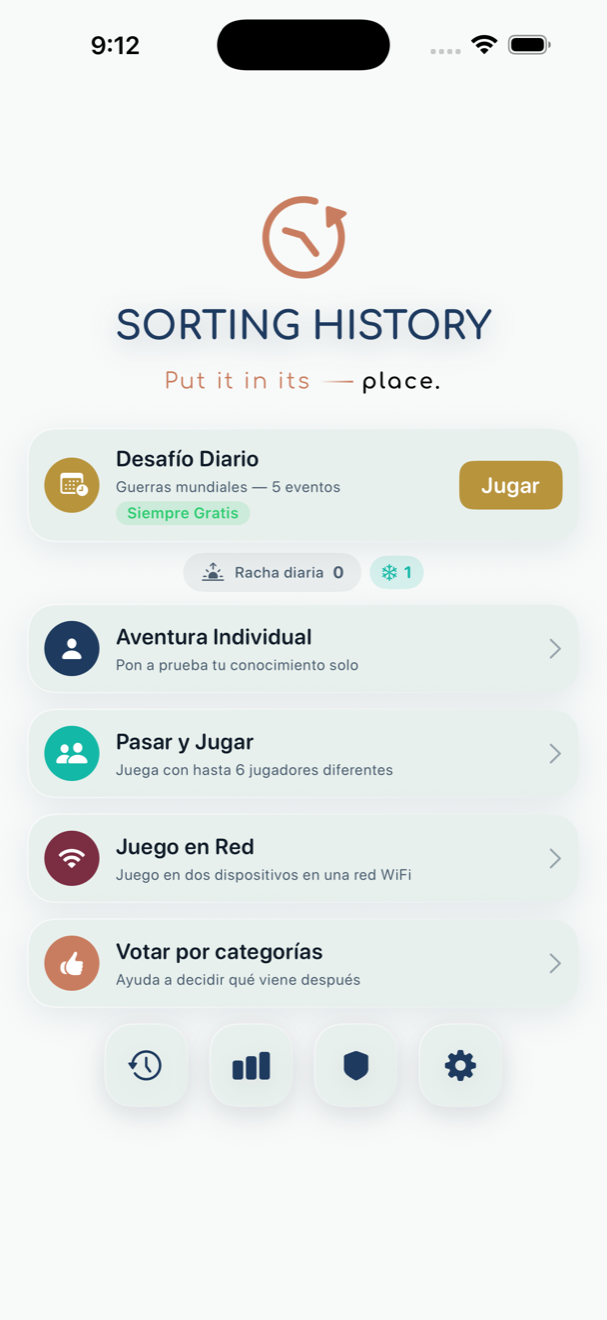 Captura de pantalla de Sorting History mostrando el menú principal con las opciones Solo Adventure, Pass & Play y Network Play