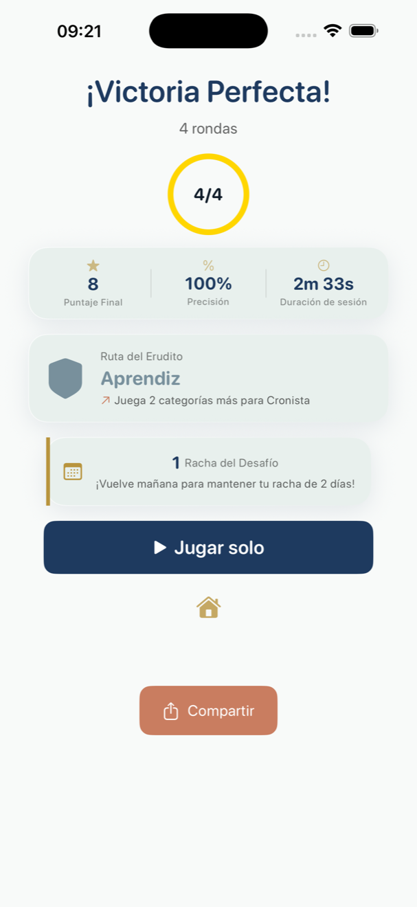 Pantalla de resultados mostrando puntuación final, aciertos, errores y porcentaje de precisión