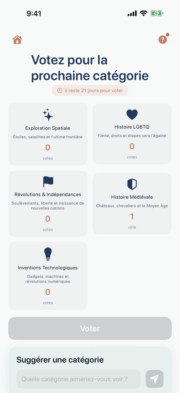 Grille de sélection des catégories avec les catégories d'histoire et leurs icônes