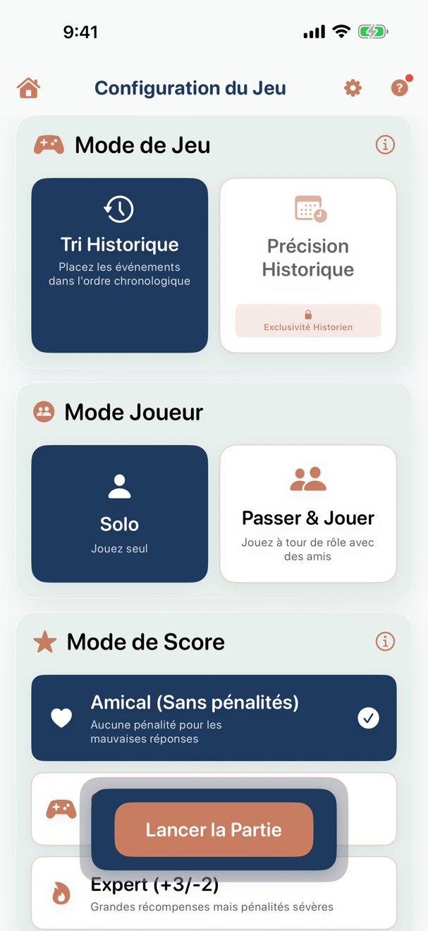 Écran de réglages de la partie avec le mode de jeu, le nombre de joueurs et les options de score