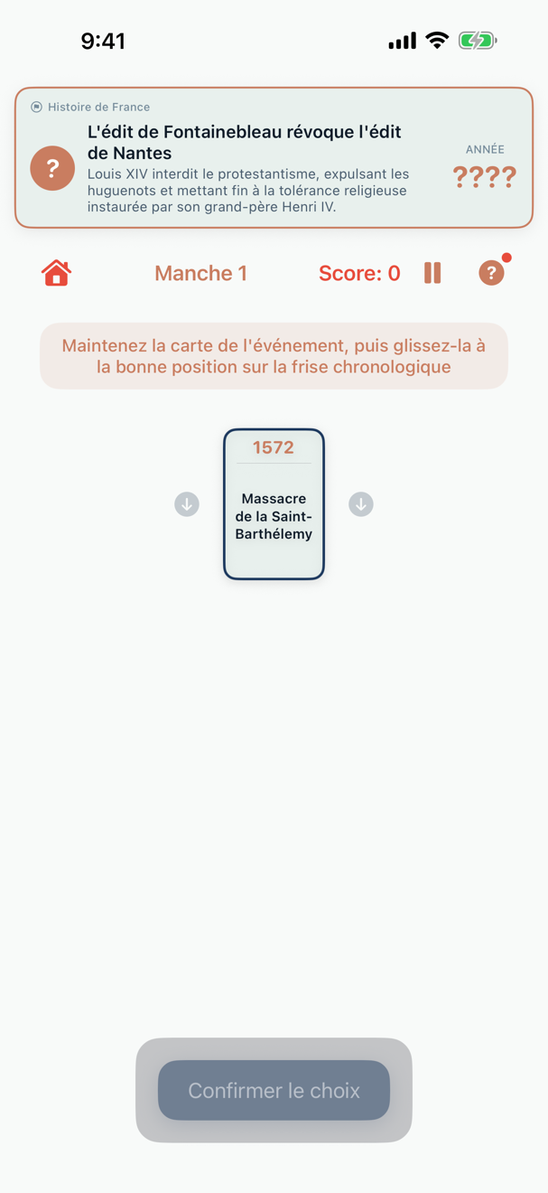 Vue de jeu montrant un événement historique en cours de placement dans l'ordre chronologique