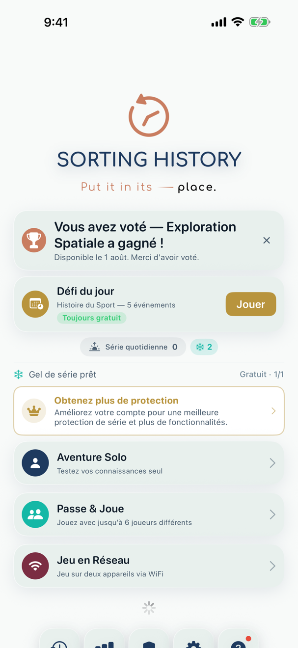 Capture d'écran de Sorting History montrant le menu principal avec les options Aventure Solo, Passer & Jouer et Jeu en Réseau