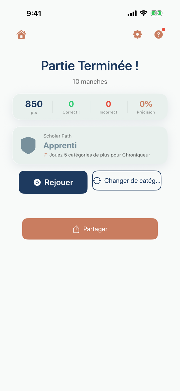 Écran de résultats avec le score final, le nombre de réponses correctes et incorrectes et le taux de réussite