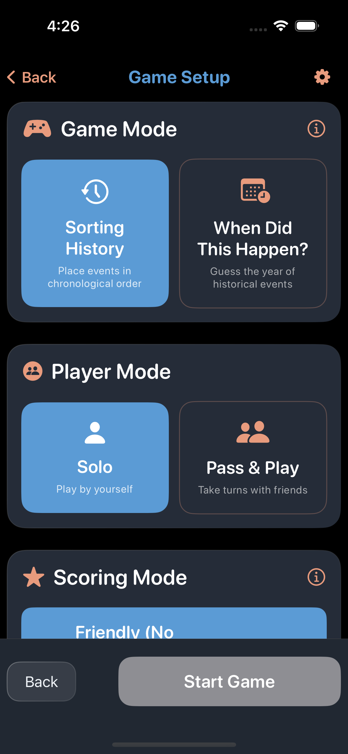Ecrã de configuração do jogo mostrando modo de jogo, modo de jogador e opções de pontuação
