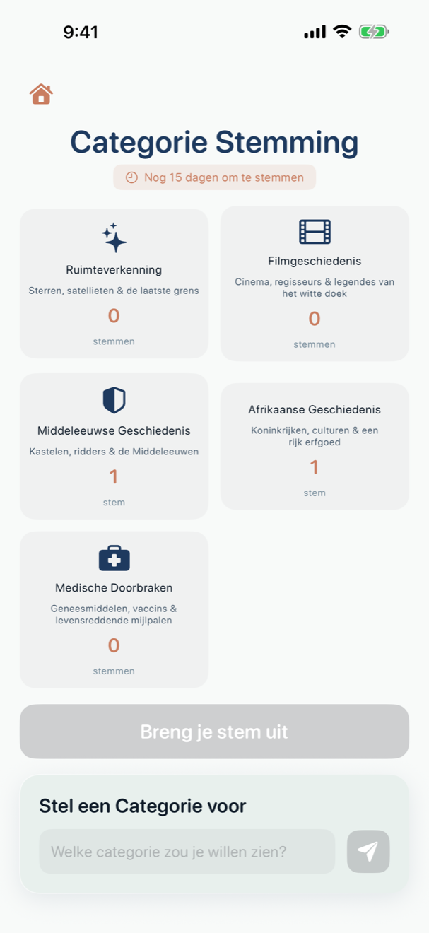 Categorie-keuzeraster met geschiedeniscategorieën en pictogrammen