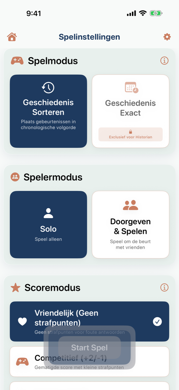 Spelinstellingen-scherm met spelmodus, spelersmodus en scoringsopties