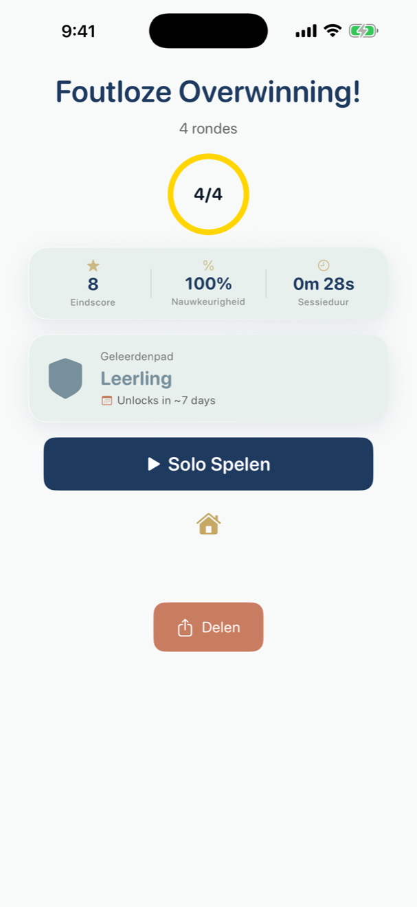 Resultatenscherm met eindscore, aantal goed en fout en nauwkeurigheidspercentage