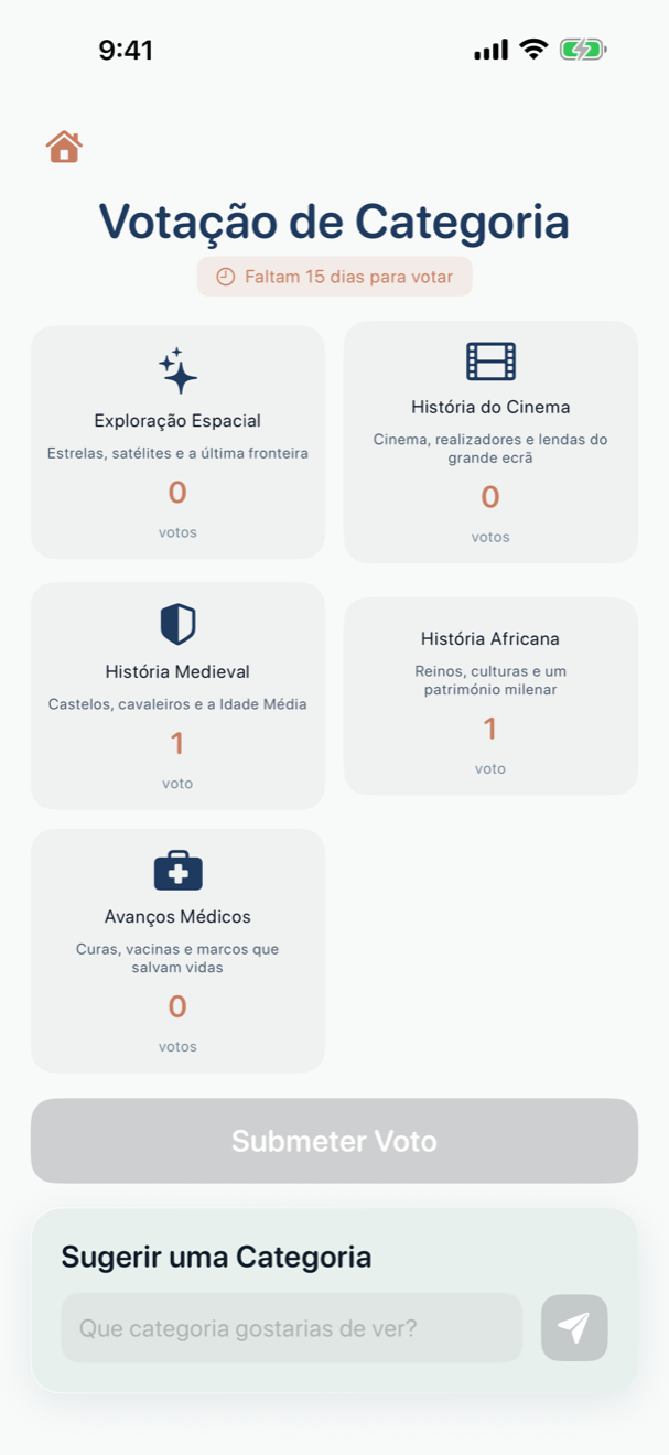 Grelha de seleção de categorias mostrando categorias de história com ícones