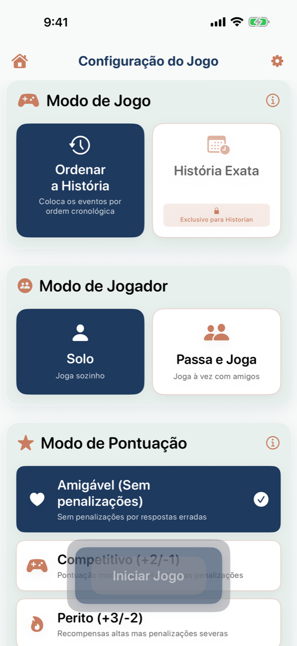 Ecrã de configuração do jogo mostrando modo de jogo, modo de jogador e opções de pontuação