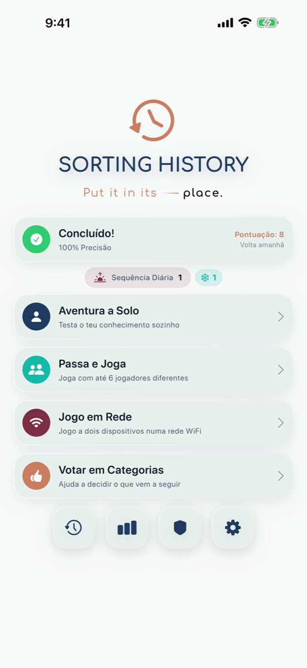 Captura de ecrã do Sorting History mostrando o menu principal com opções Aventura Solo, Passa e Joga e Jogo em Rede
