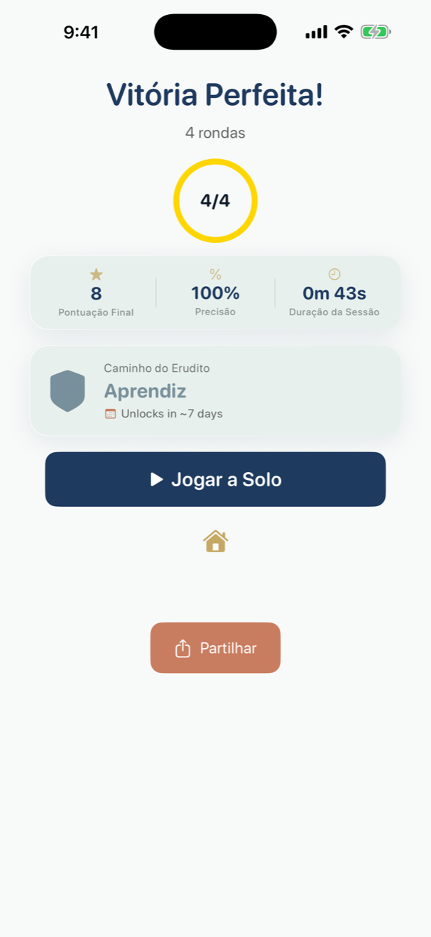 Ecrã de resultados mostrando pontuação final, contagem de corretas e incorretas e percentagem de precisão